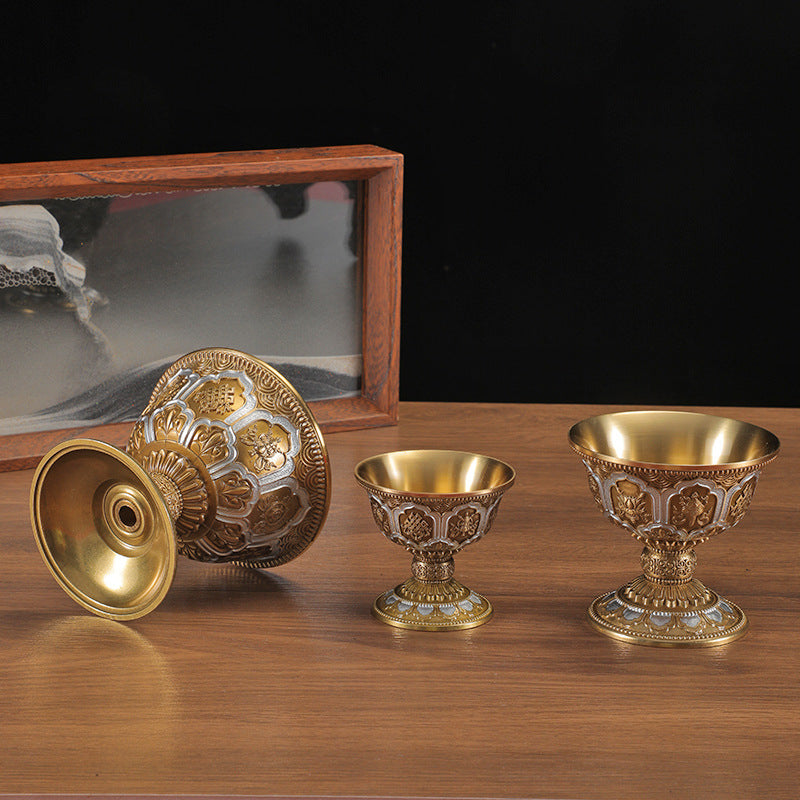 Tibetan Brass Carved Water Offering Bowl – Gilt Purification Cup & God of Wealth Worship Ornament