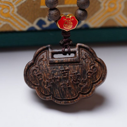 Agarwood Auspicious Wish Lock Pendant – Sinking Bead Necklace, Sweet Milky Aroma, Blessings for Health & Good Fortune