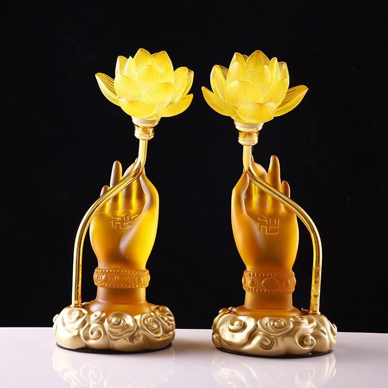 LED Buddha Hand Offering Lamp – Lotus Lantern Glass Lamp for Buddhist Hall, Altar & Meditation