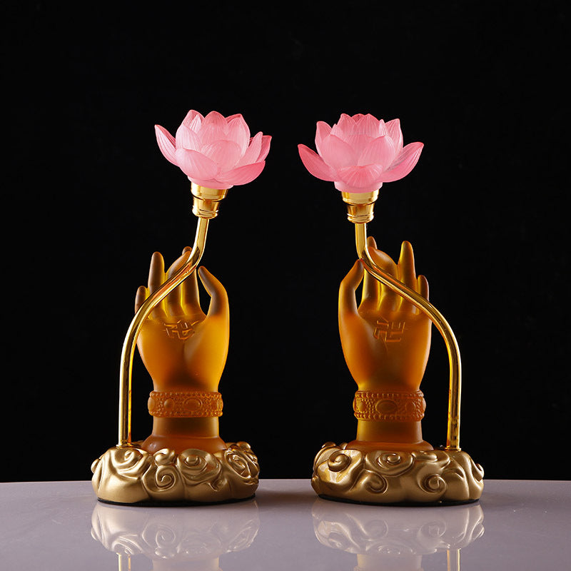 LED Buddha Hand Offering Lamp – Lotus Lantern Glass Lamp for Buddhist Hall, Altar & Meditation