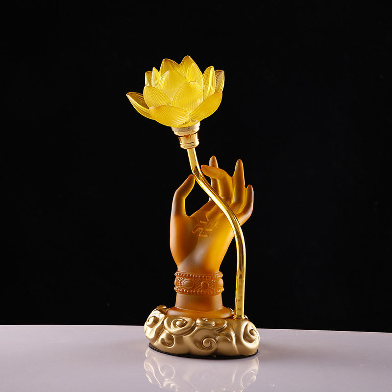 LED Buddha Hand Offering Lamp – Lotus Lantern Glass Lamp for Buddhist Hall, Altar & Meditation