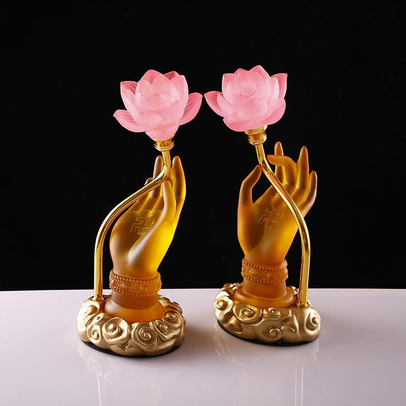 LED Buddha Hand Offering Lamp – Lotus Lantern Glass Lamp for Buddhist Hall, Altar & Meditation