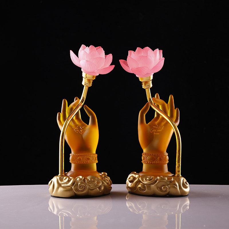LED Buddha Hand Offering Lamp – Lotus Lantern Glass Lamp for Buddhist Hall, Altar & Meditation