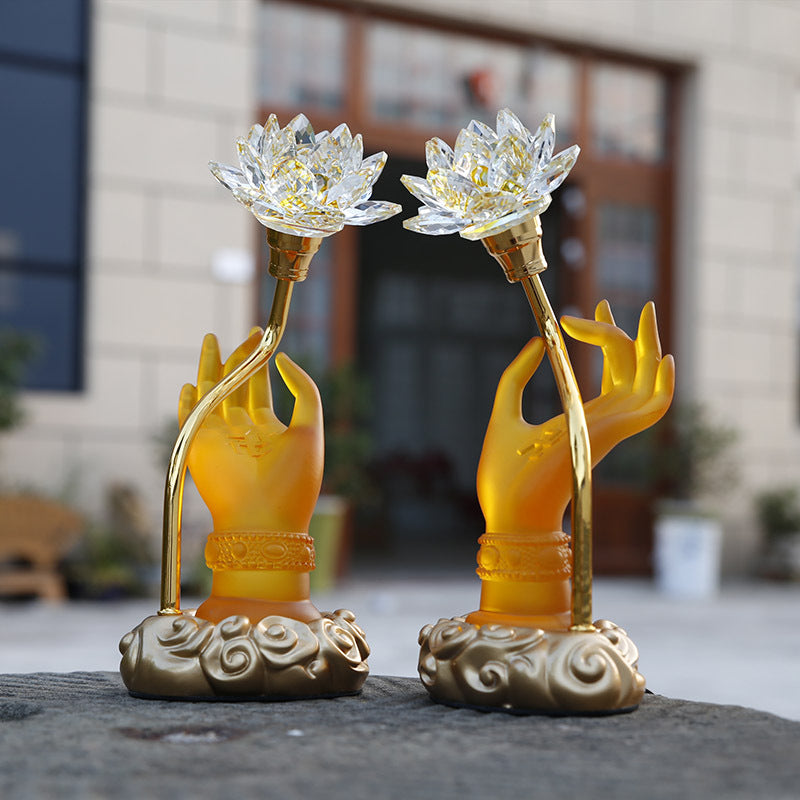 LED Buddha Hand Offering Lamp – Lotus Lantern Glass Lamp for Buddhist Hall, Altar & Meditation