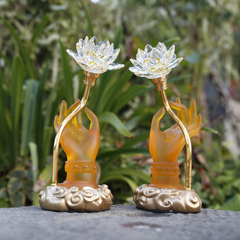 LED Buddha Hand Offering Lamp – Lotus Lantern Glass Lamp for Buddhist Hall, Altar & Meditation