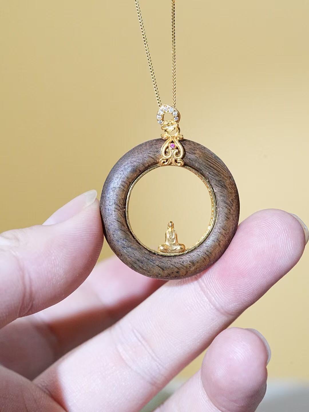 Brunei High-Oil Black Agarwood Ring Pendant · 925 Gold-Plated Bail