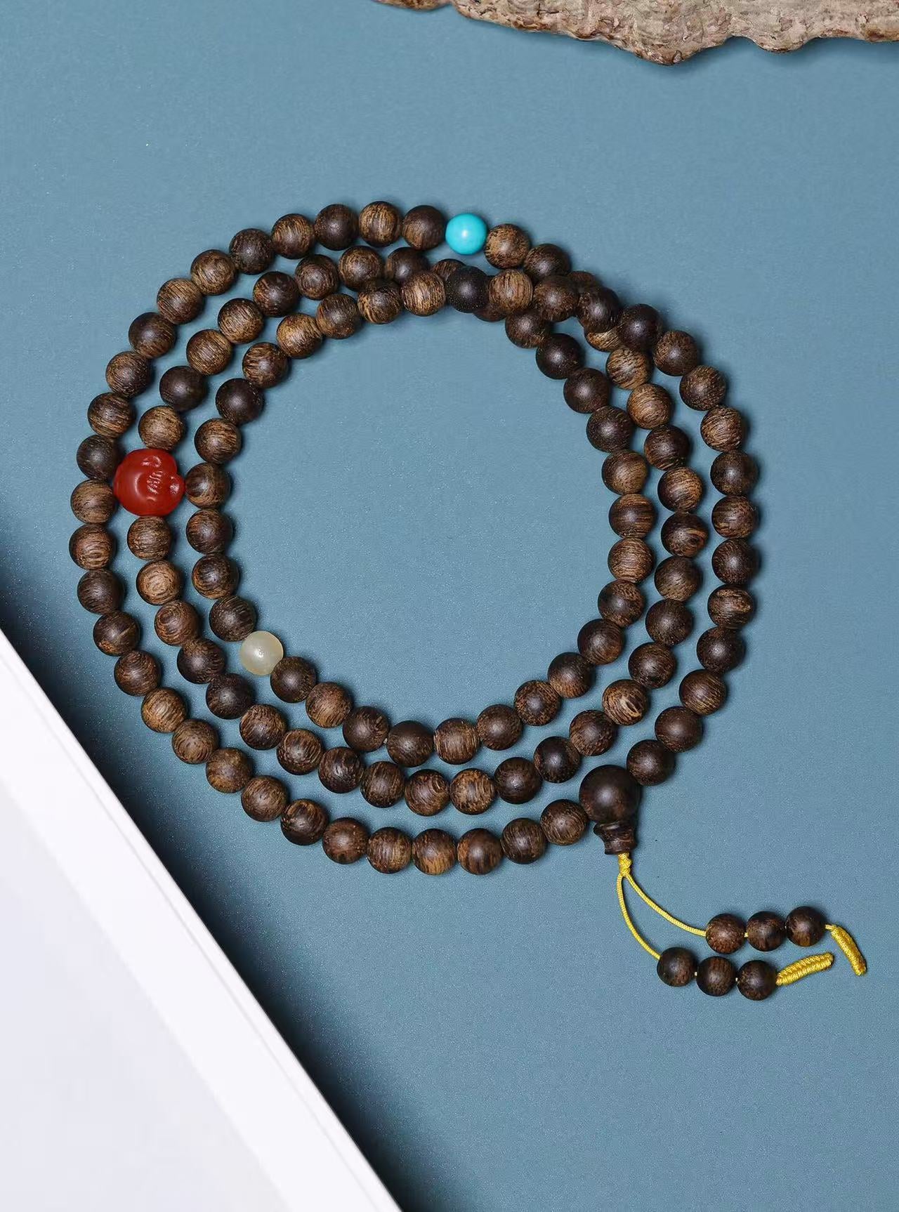 Natural Agarwood & Amber Smiling Buddha Bracelet – 0.6×108 Beads, Rich Resin, Sweet Fragrance, 17.5g