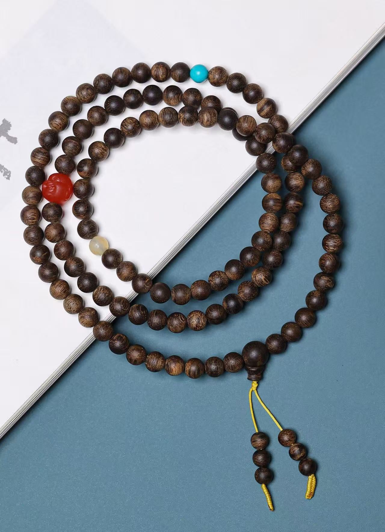 Natural Agarwood & Amber Smiling Buddha Bracelet – 0.6×108 Beads, Rich Resin, Sweet Fragrance, 17.5g