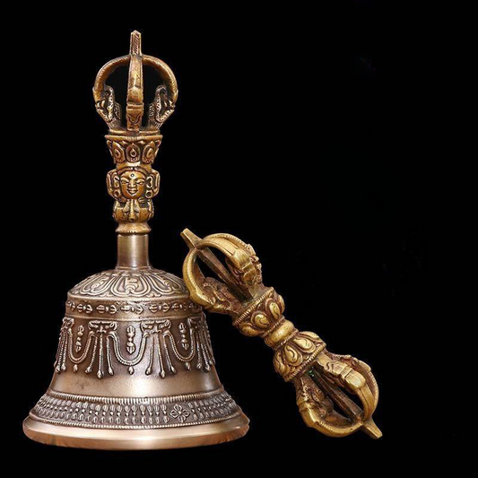 Nepalese Bronze Vajra Bell – Five-Pronged & Nine-Pronged Dorje Bell | Eight Auspicious Symbols | Carved Mantra Ritual Bell