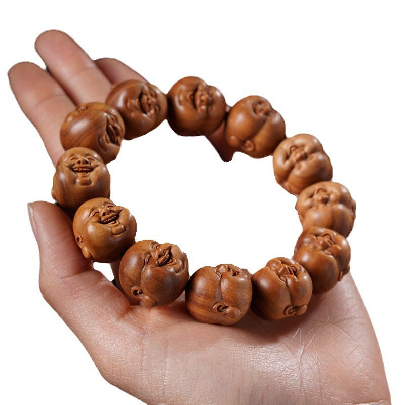 Indian Laoshan Sandalwood Laughing Maitreya Buddha Bracelet – Carved Buddhist Beads & Art Pieces