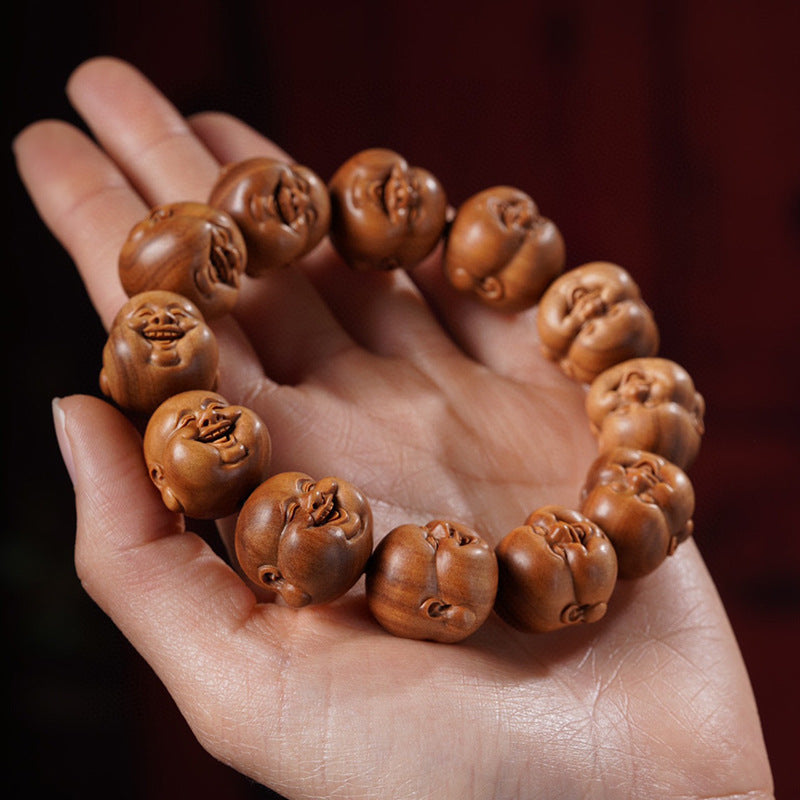 Indian Laoshan Sandalwood Laughing Maitreya Buddha Bracelet – Carved Buddhist Beads & Art Pieces