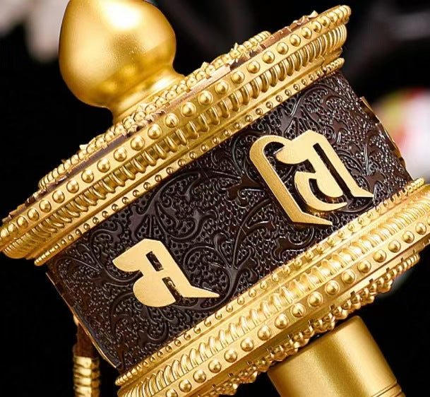 New Tibetan Hand-Rotating Gold Prayer Wheel – Retro Pure Copper Relief Bronze Cylinder with Wooden Handle | Large, Medium, Small Ornaments