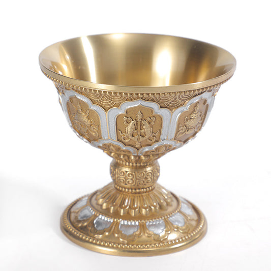 Tibetan Brass Carved Water Offering Bowl – Gilt Purification Cup & God of Wealth Worship Ornament