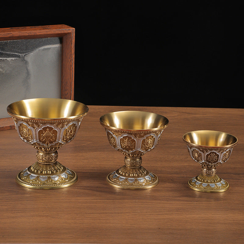 Tibetan Brass Carved Water Offering Bowl – Gilt Purification Cup & God of Wealth Worship Ornament