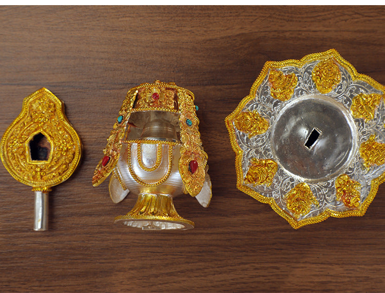 Handmade Nepalese Copper Eight Auspicious Symbols Offering Set – Large Tibetan Longevity Vase Buddhist Altar Decor