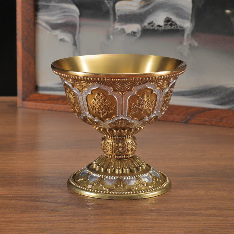 Tibetan Brass Carved Water Offering Bowl – Gilt Purification Cup & God of Wealth Worship Ornament