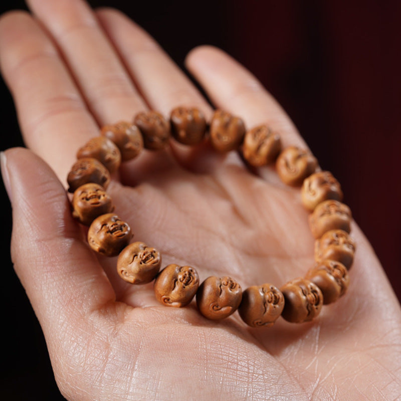Indian Laoshan Sandalwood Laughing Maitreya Buddha Bracelet – Carved Buddhist Beads & Art Pieces