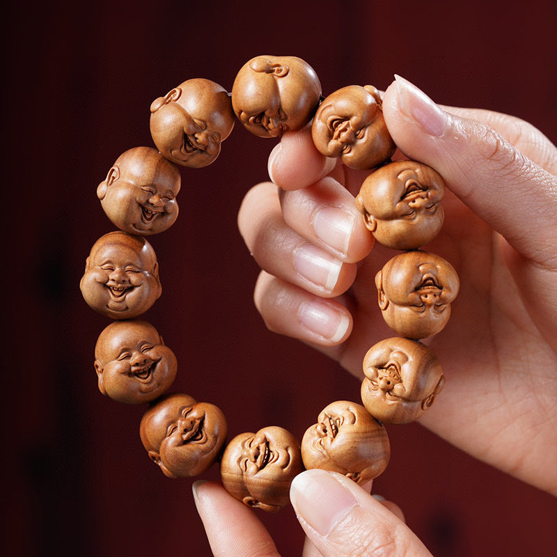 Indian Laoshan Sandalwood Laughing Maitreya Buddha Bracelet – Carved Buddhist Beads & Art Pieces