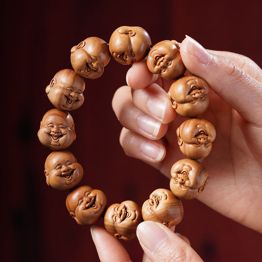 Indian Laoshan Sandalwood Laughing Maitreya Buddha Bracelet – Carved Buddhist Beads & Art Pieces