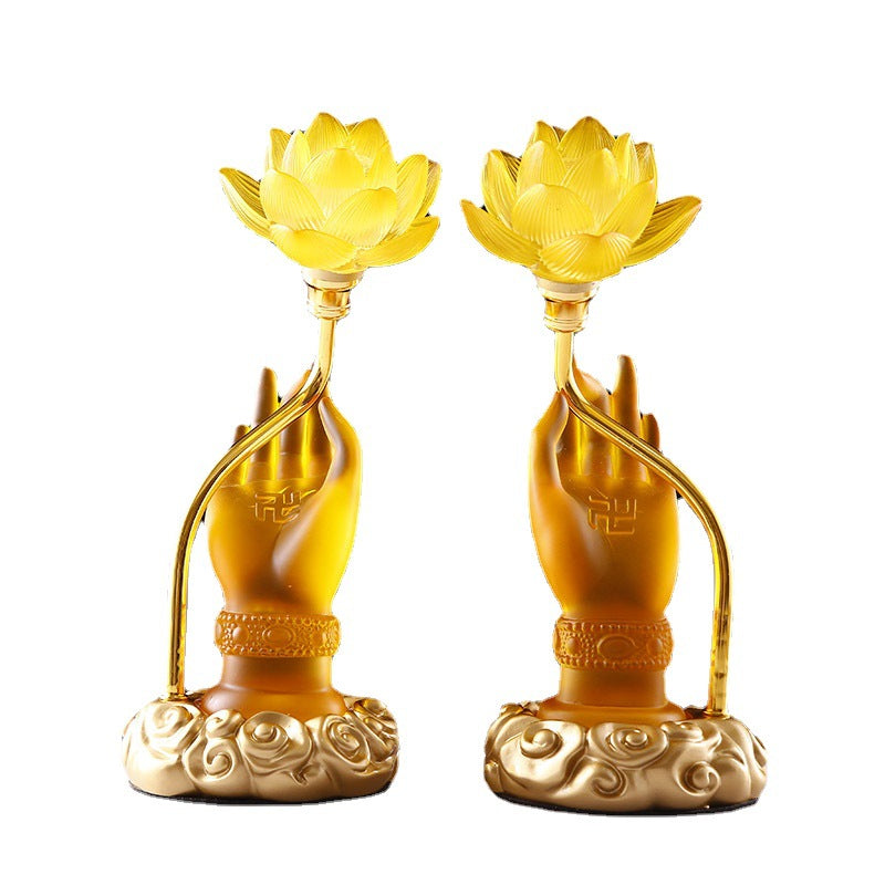 LED Buddha Hand Offering Lamp – Lotus Lantern Glass Lamp for Buddhist Hall, Altar & Meditation