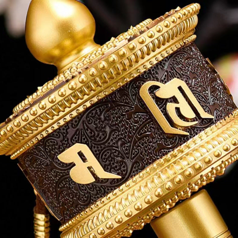 New Tibetan Hand-Rotating Gold Prayer Wheel – Retro Pure Copper Relief Bronze Cylinder with Wooden Handle | Large, Medium, Small Ornaments