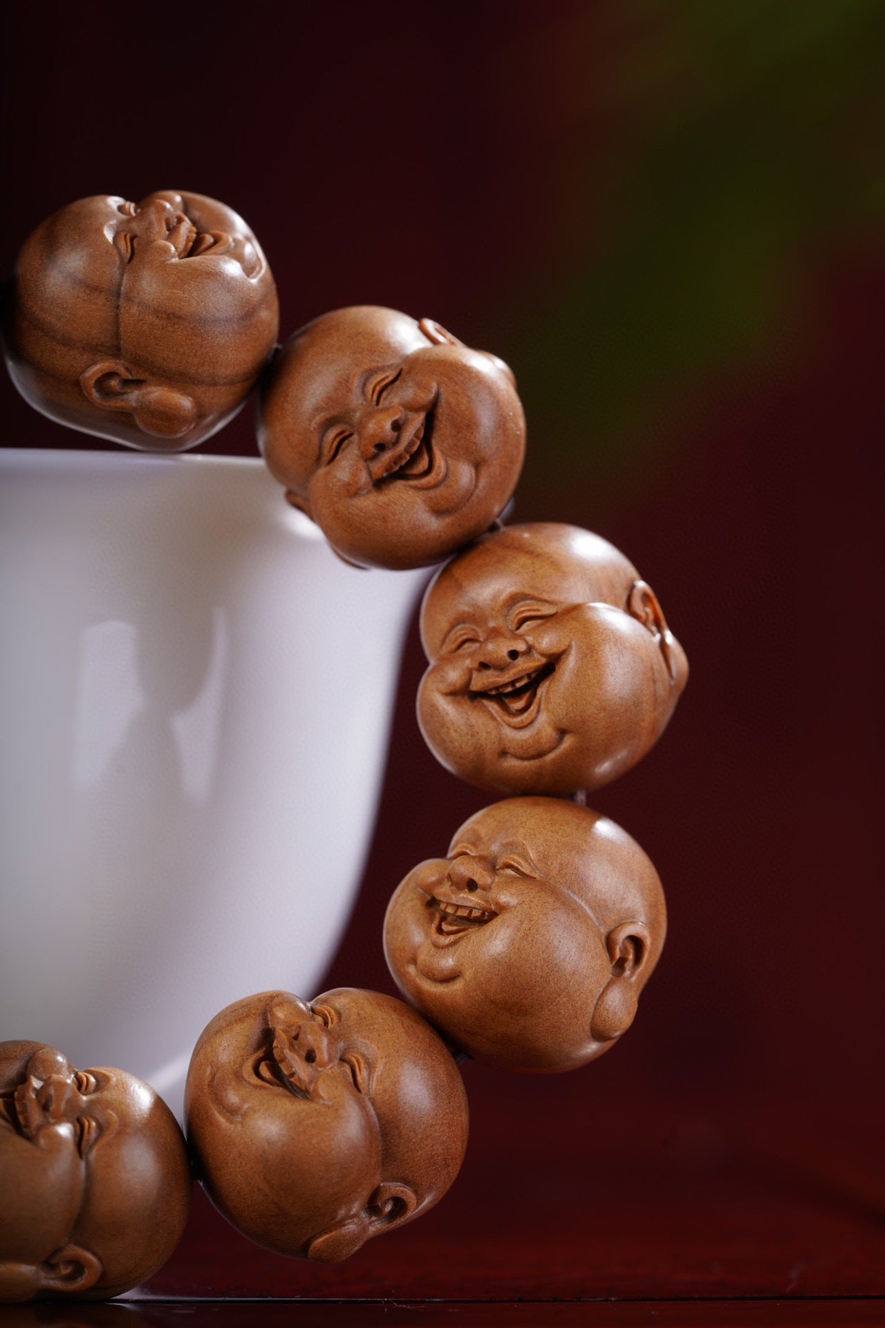 Indian Laoshan Sandalwood Laughing Maitreya Buddha Bracelet – Carved Buddhist Beads & Art Pieces