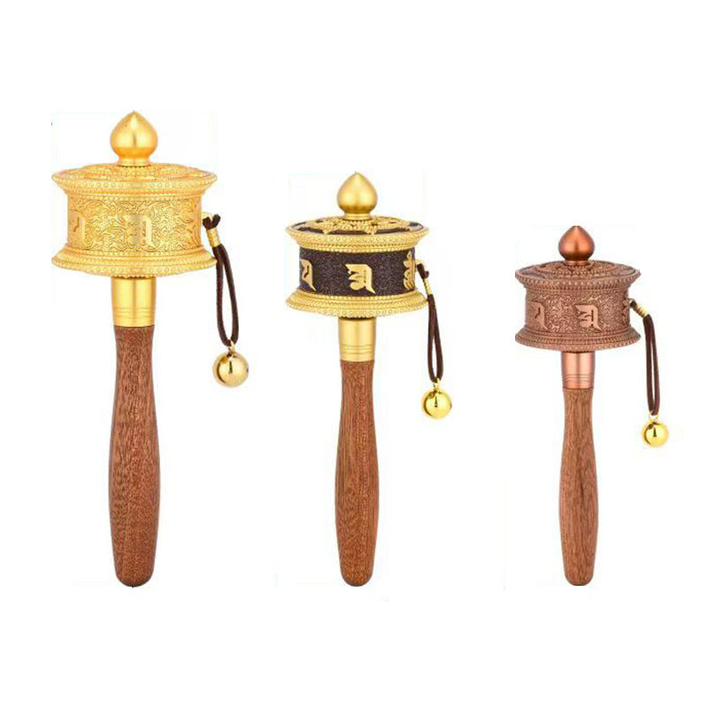 New Tibetan Hand-Rotating Gold Prayer Wheel – Retro Pure Copper Relief Bronze Cylinder with Wooden Handle | Large, Medium, Small Ornaments