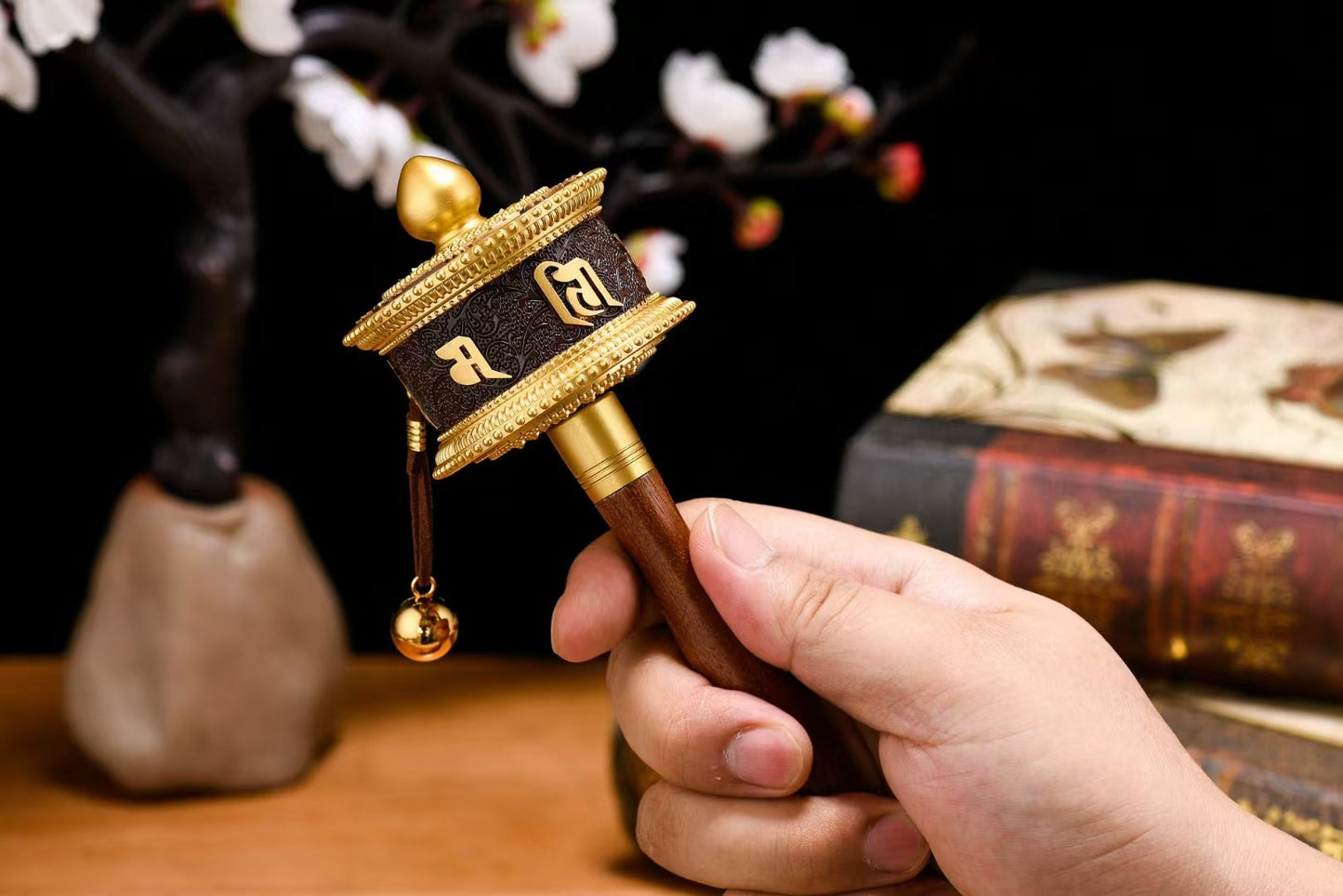 New Tibetan Hand-Rotating Gold Prayer Wheel – Retro Pure Copper Relief Bronze Cylinder with Wooden Handle | Large, Medium, Small Ornaments