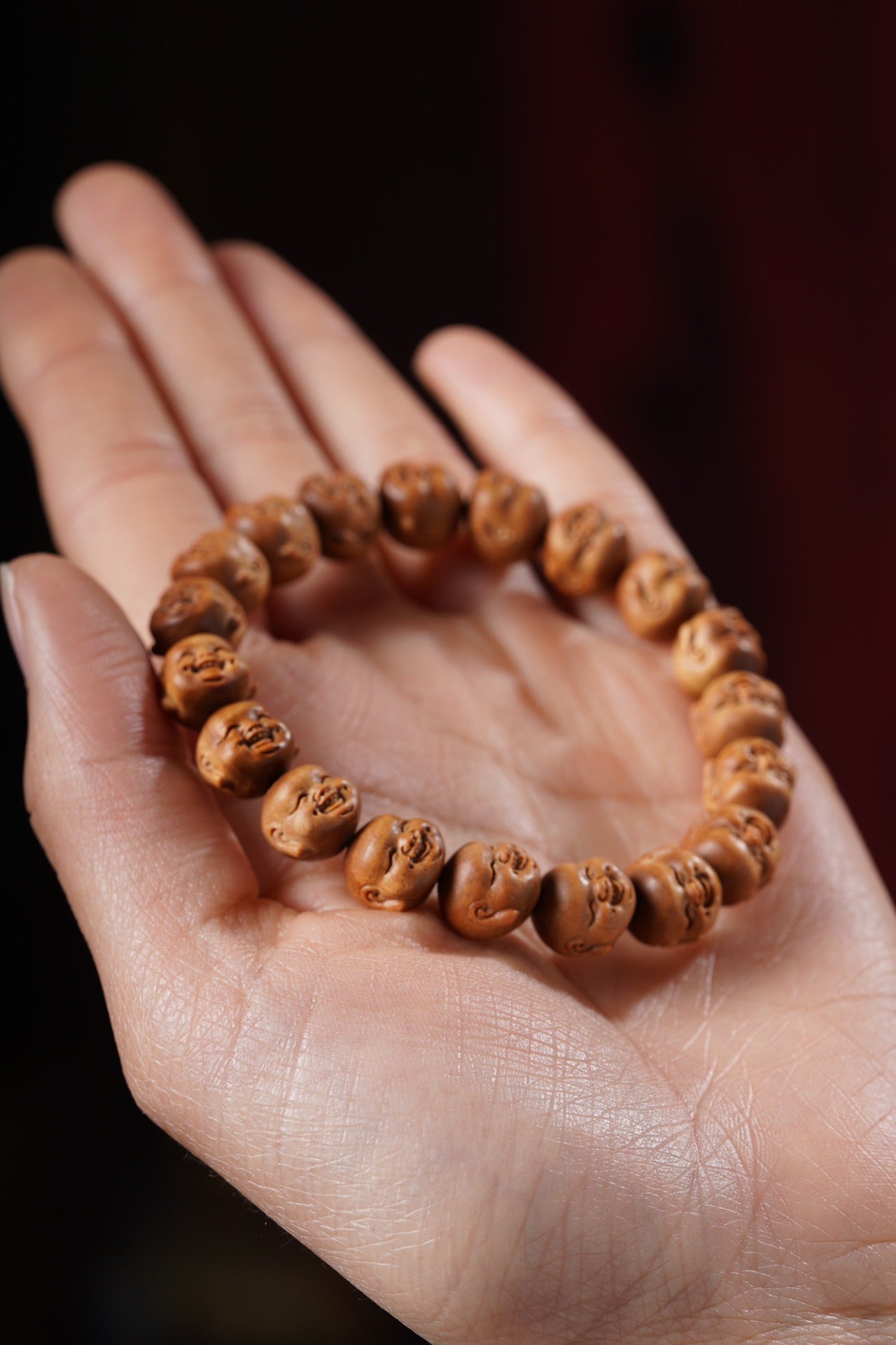 Indian Laoshan Sandalwood Laughing Maitreya Buddha Bracelet – Carved Buddhist Beads & Art Pieces