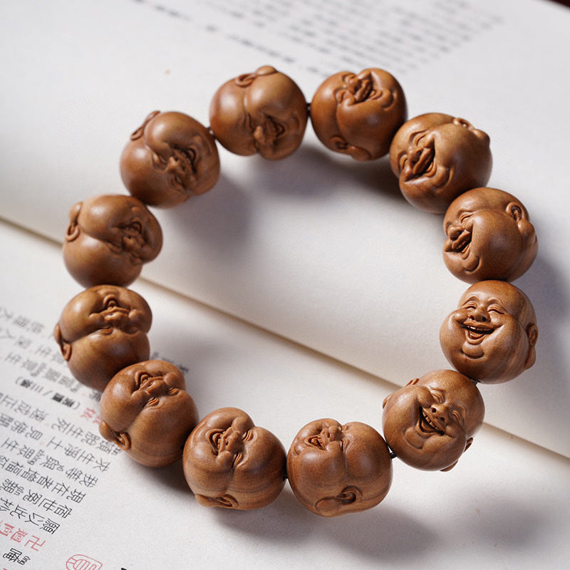 Indian Laoshan Sandalwood Laughing Maitreya Buddha Bracelet – Carved Buddhist Beads & Art Pieces
