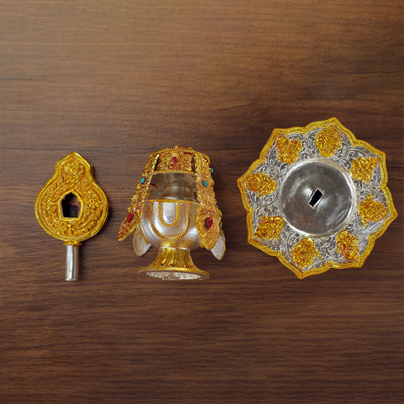 Handmade Nepalese Copper Eight Auspicious Symbols Offering Set – Large Tibetan Longevity Vase Buddhist Altar Decor