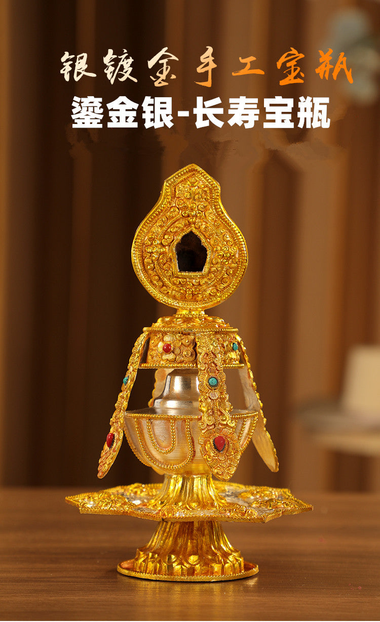 Handmade Nepalese Copper Eight Auspicious Symbols Offering Set – Large Tibetan Longevity Vase Buddhist Altar Decor