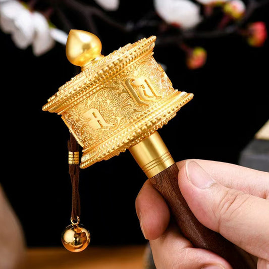 New Tibetan Hand-Rotating Gold Prayer Wheel – Retro Pure Copper Relief Bronze Cylinder with Wooden Handle | Large, Medium, Small Ornaments