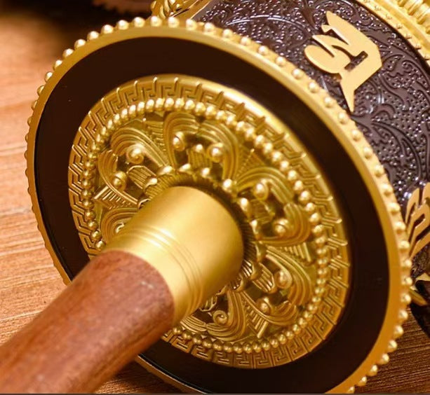 New Tibetan Hand-Rotating Gold Prayer Wheel – Retro Pure Copper Relief Bronze Cylinder with Wooden Handle | Large, Medium, Small Ornaments