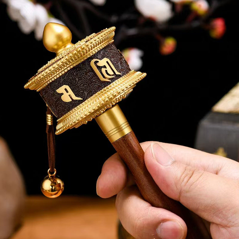 New Tibetan Hand-Rotating Gold Prayer Wheel – Retro Pure Copper Relief Bronze Cylinder with Wooden Handle | Large, Medium, Small Ornaments
