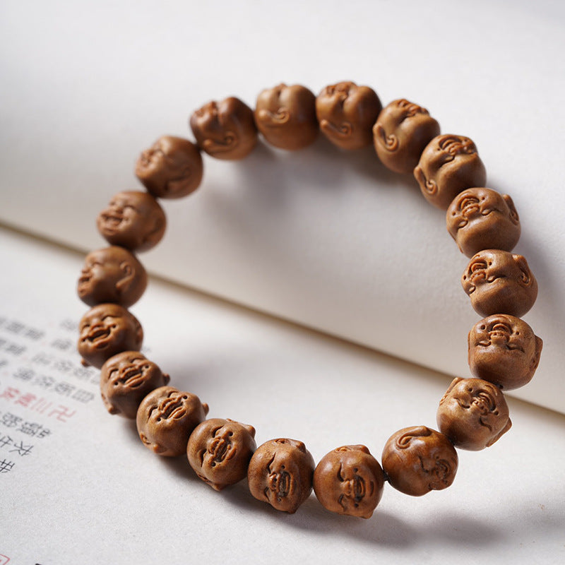 Indian Laoshan Sandalwood Laughing Maitreya Buddha Bracelet – Carved Buddhist Beads & Art Pieces