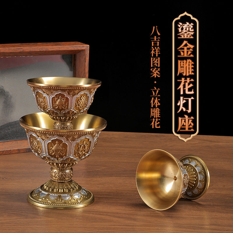 Tibetan Brass Carved Water Offering Bowl – Gilt Purification Cup & God of Wealth Worship Ornament