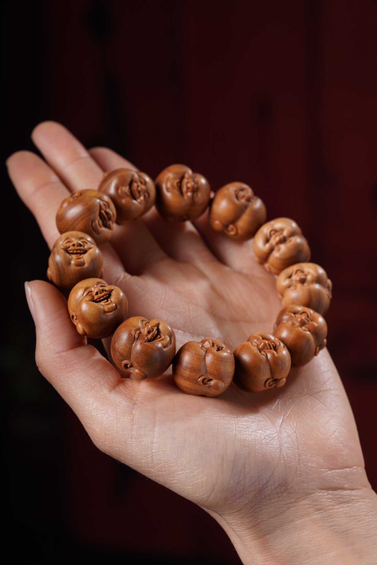 Indian Laoshan Sandalwood Laughing Maitreya Buddha Bracelet – Carved Buddhist Beads & Art Pieces