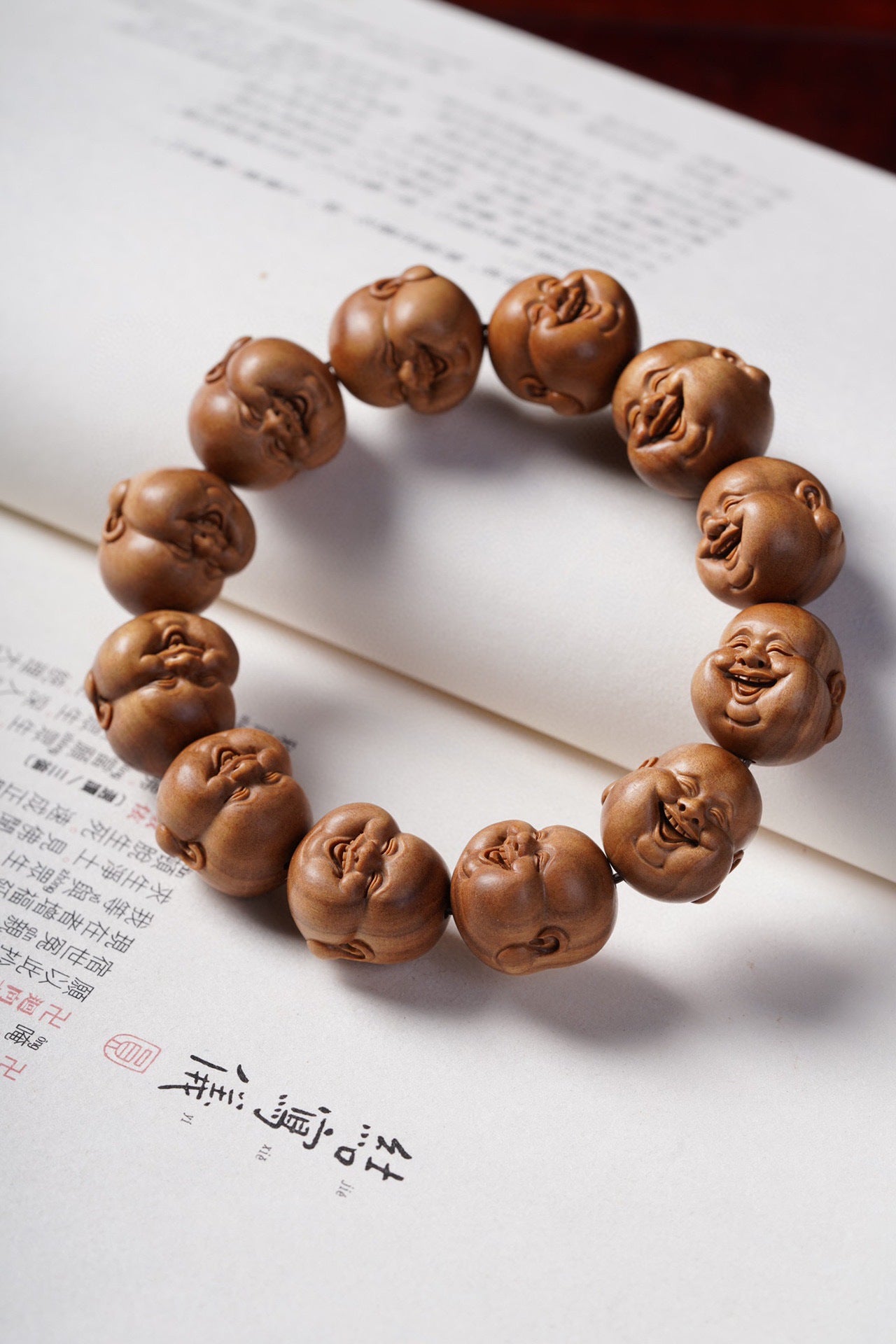 Indian Laoshan Sandalwood Laughing Maitreya Buddha Bracelet – Carved Buddhist Beads & Art Pieces