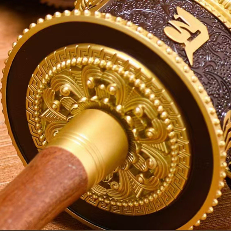 New Tibetan Hand-Rotating Gold Prayer Wheel – Retro Pure Copper Relief Bronze Cylinder with Wooden Handle | Large, Medium, Small Ornaments