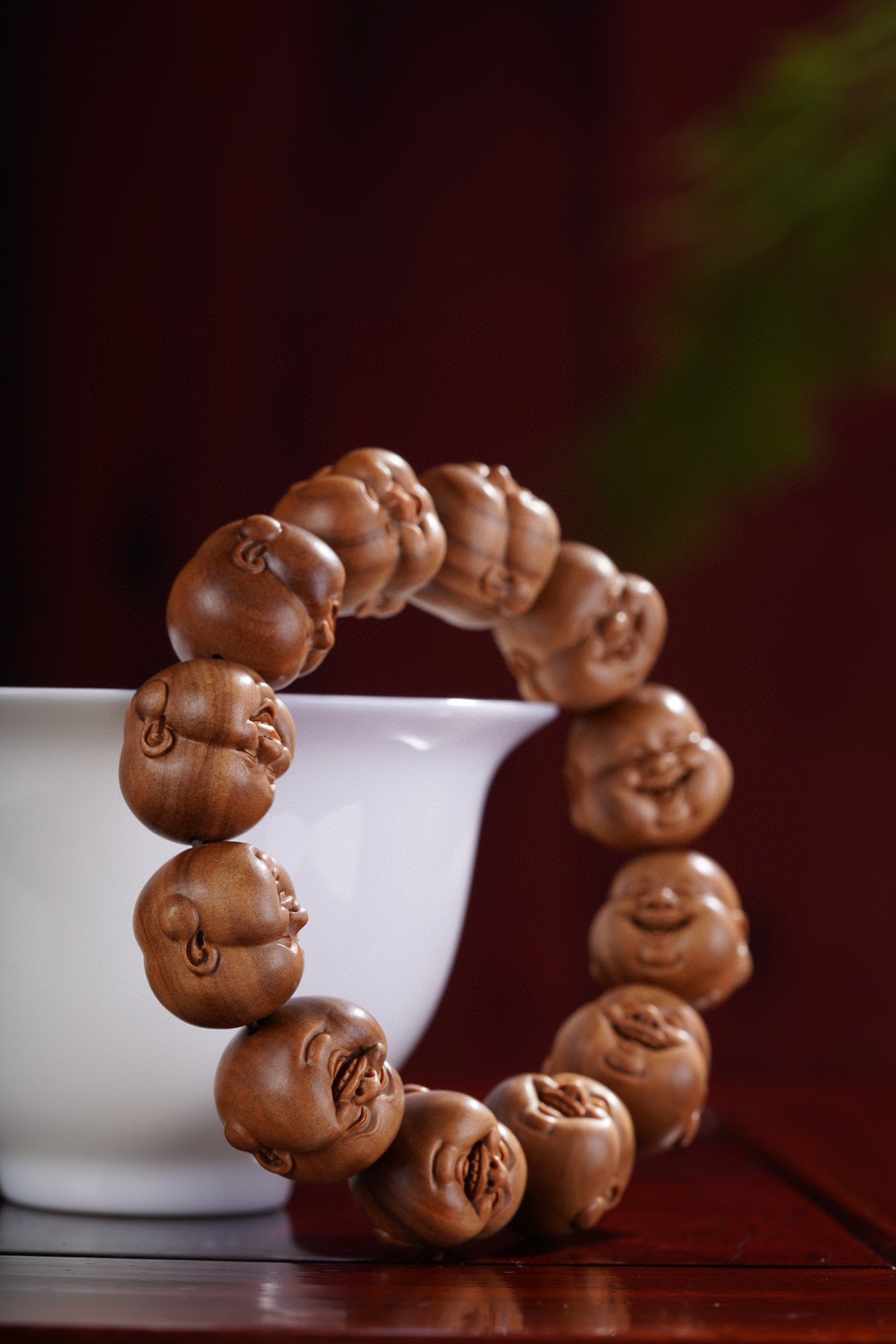 Indian Laoshan Sandalwood Laughing Maitreya Buddha Bracelet – Carved Buddhist Beads & Art Pieces