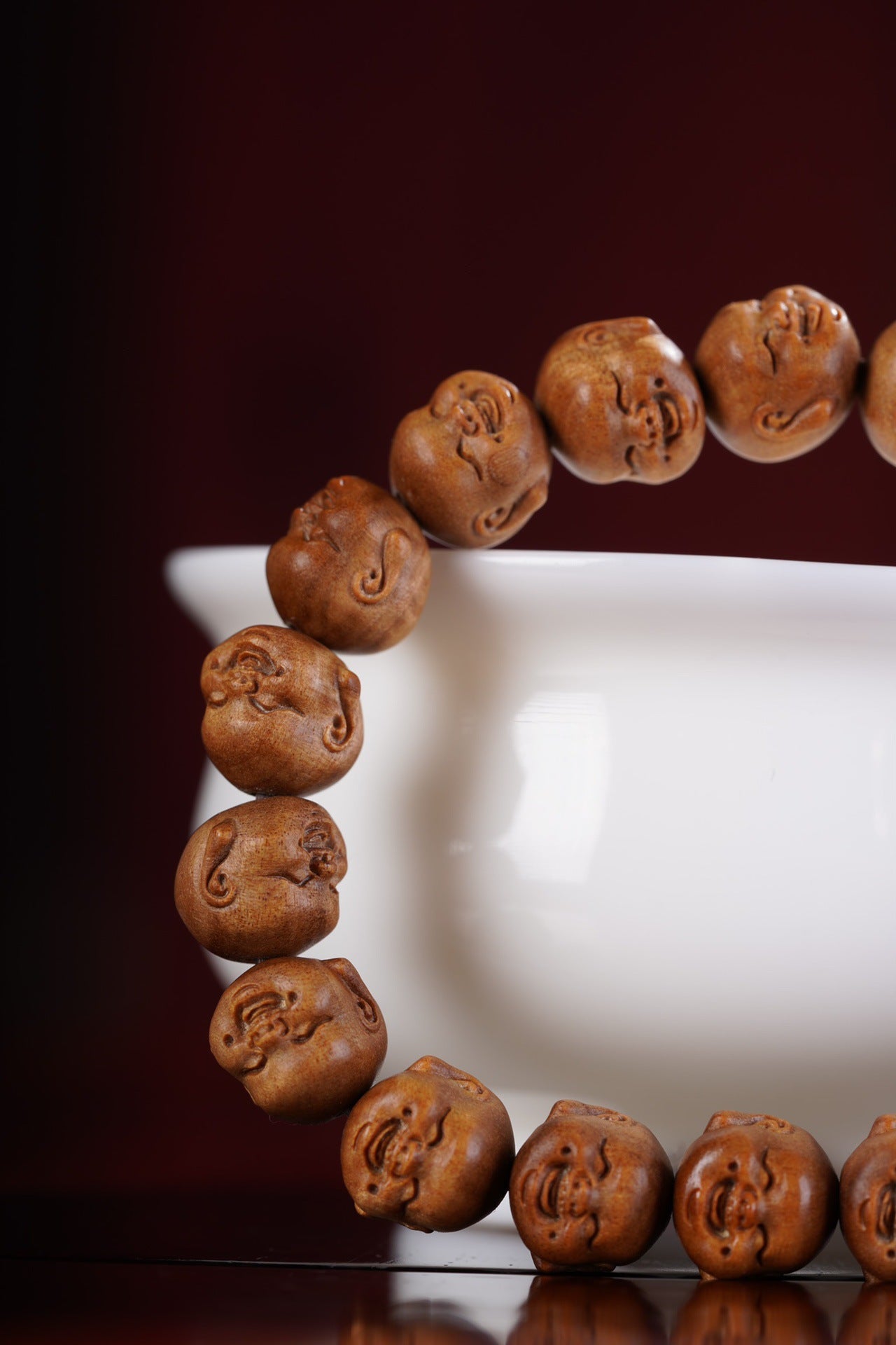 Indian Laoshan Sandalwood Laughing Maitreya Buddha Bracelet – Carved Buddhist Beads & Art Pieces