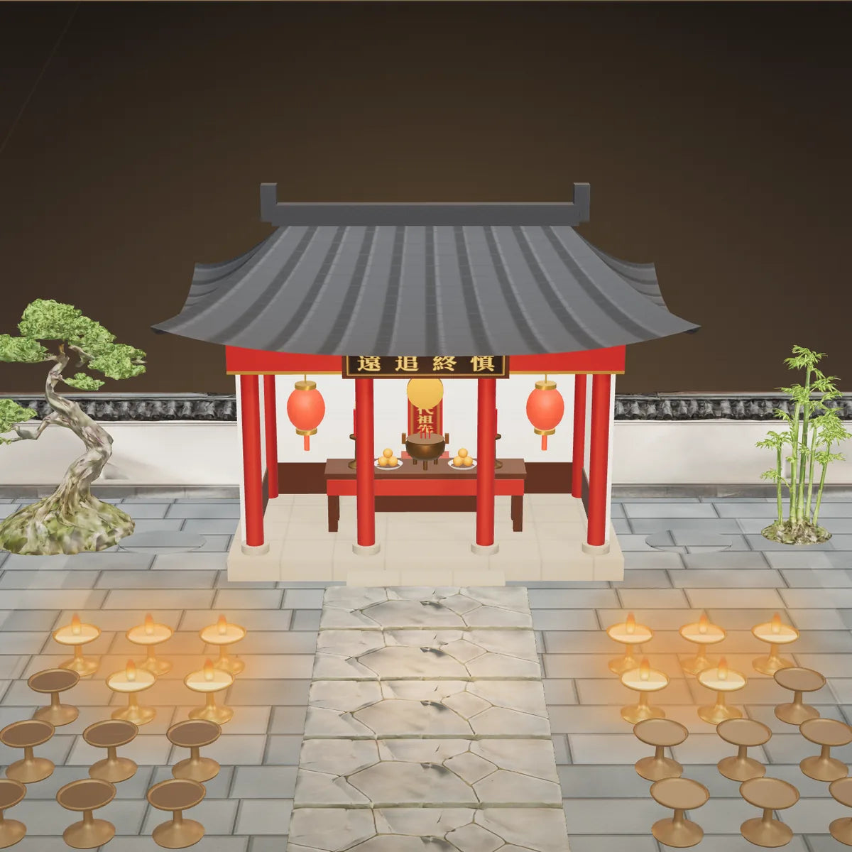 The Ancestral Hall in the Qiyuan remembrance garden, with lamps glowing in front of the family altar