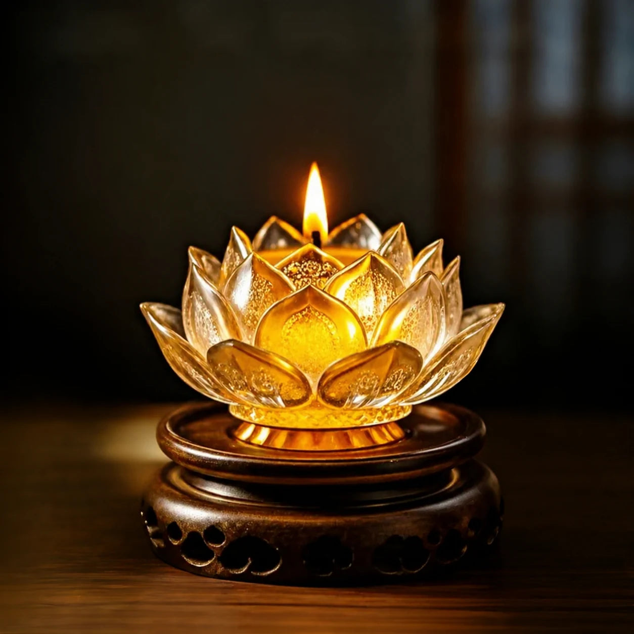 A warm amber lotus remembrance lamp glowing on a wooden stand